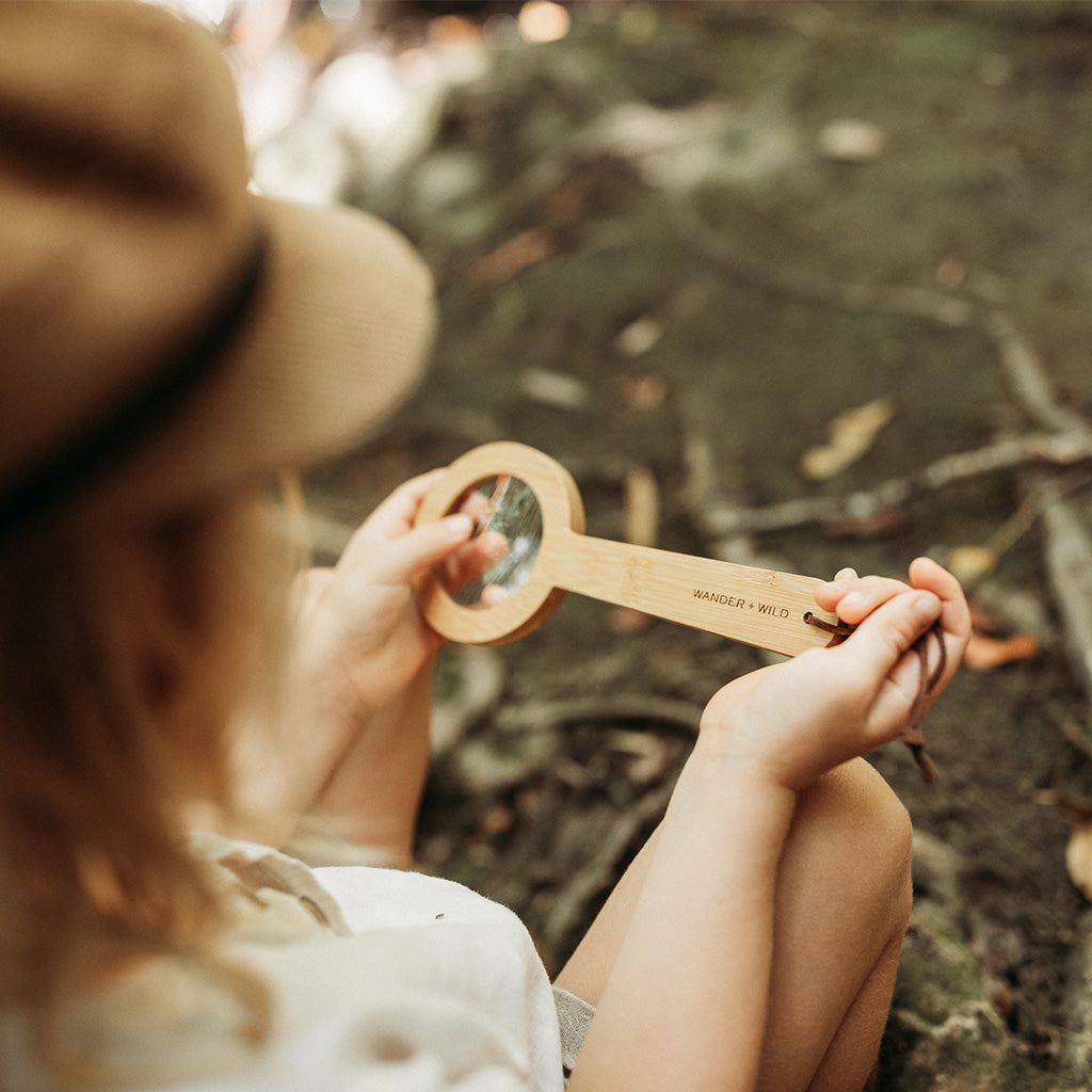 Wooden magnifying glass in a child's hands